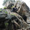 Marga Powell at the second roof.  The crux is getting stood up where her right hand is.