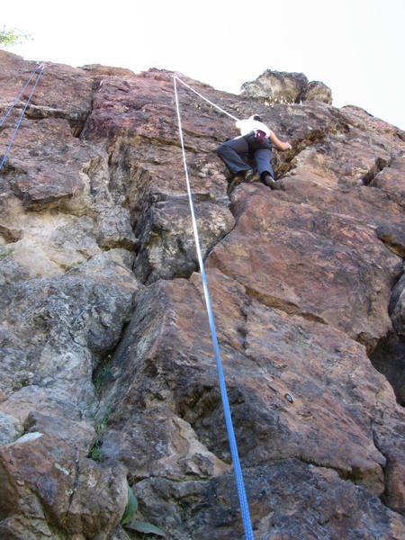 My wife TR'ing the route.  Shot is pretty much second bolt and up.