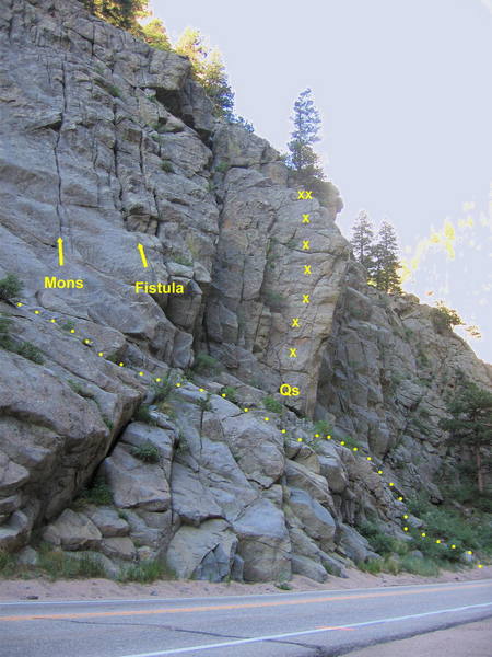 Qs.  Approach from the left, past other climbs on the Boulderado, or head up directly from the road on the right.<br>
<br>
Climb up steep rock past 6 bolts to the anchor.  It's easier if you come in from the left past the first two bolts.