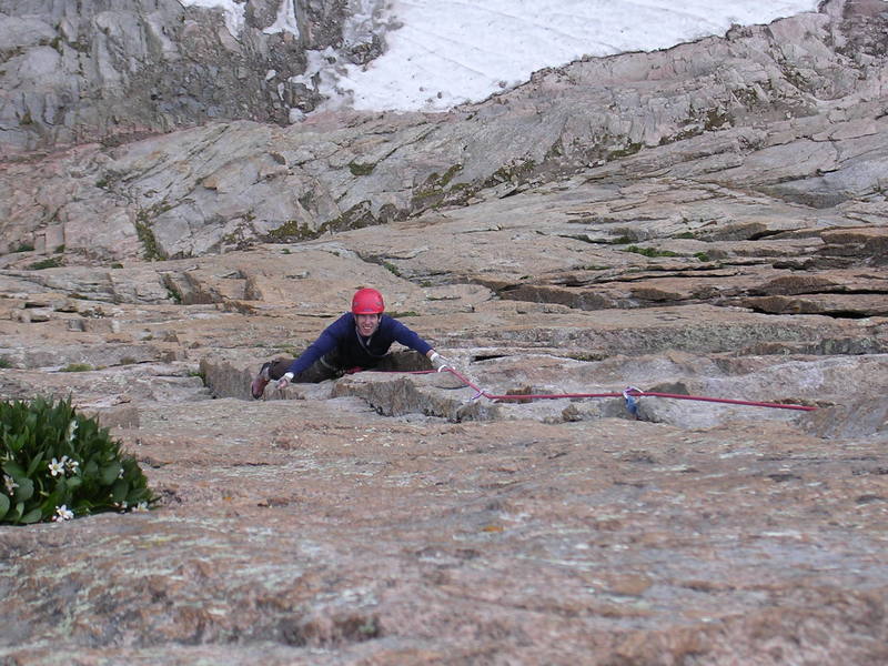 Looking down on our pitch 2 - guidebook pitch 3.  Pitches 1-3 can be combined into  2 long pitches if each leader stretches the rope.  