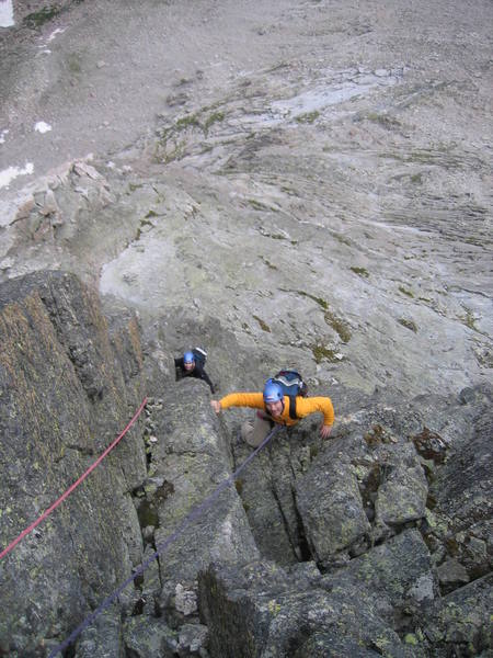 Looking down on P. 4 (crux pitch) after emerging from the "staircase face" which is steep but positive 5.7 climbing.  Pictured are Patrick and Chip Linnemann on Chip's 50th birthday!