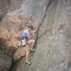 Patty J. starting into the 2nd roof and crux of Crankin'stein (5.9), on the Devil's Advocate in the Flatirons.