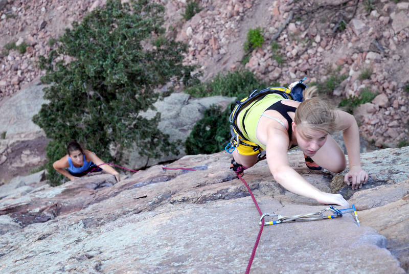 This is Liza and Sarena on the Wind Ridge (5.8) in Eldorado Canyon.  This was my first mock-guiding situation, and on the whole went pretty well.  I managed to catch both girls looking up and climbing, which made the photo pretty interesting in my opinion (all other flaws aside...).