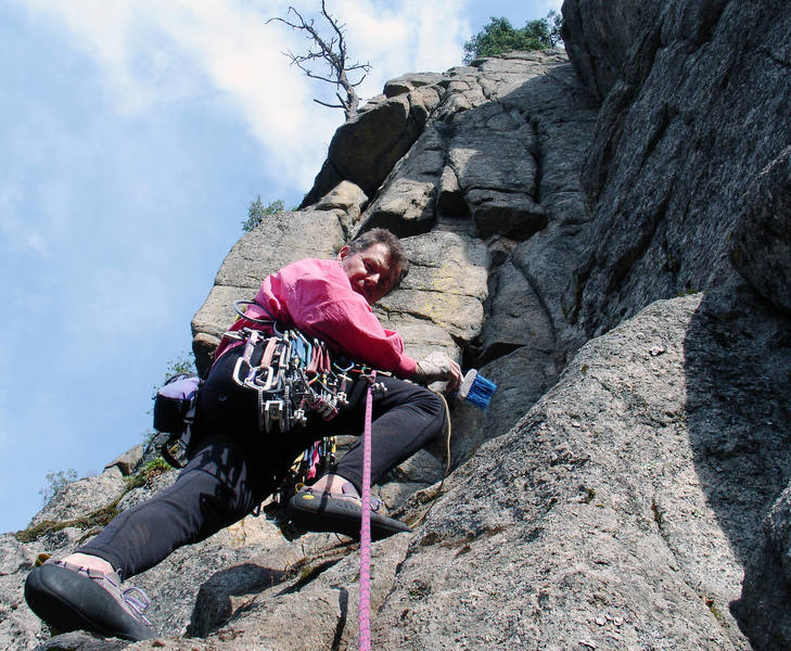 Ship of Fools, the actual first lead.<br>
<br>
These cracks were initially so dirt-filled and grown over, it was necessary to carry a broom for the first ascent AFTER they had been cleaned extensively.<br>
<br>
Photo by Pebby Johns