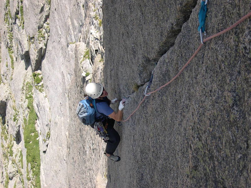 Joan following the crux pitch of The Barb.