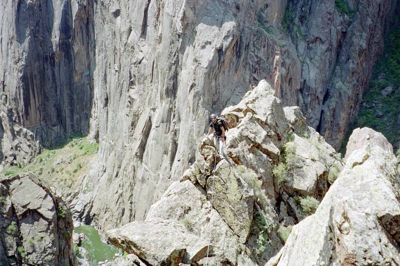 Mark Sokol following on the sharp traverse near the top of route.