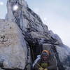 Seth Hobby belaying me (just visible further up) on Claw Peak in full-on conditions.  Photo courtesy of Tom Gray.