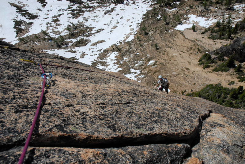 Looking down on the crux pitch.