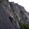 Climbing up the fist crack on pitch 10, and loving it.  Look at the view!