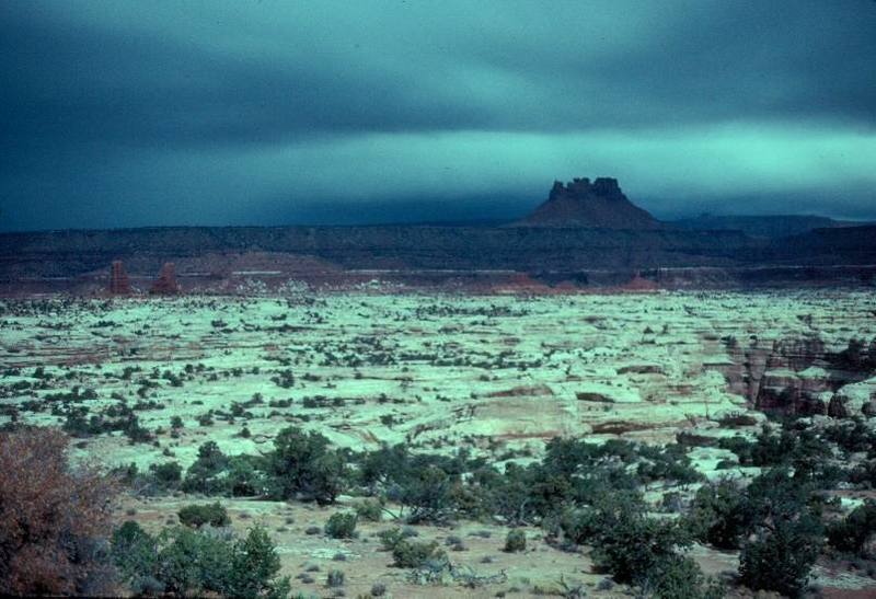 Looking out over the Maze toward Elaterite Butte at night from the Land.