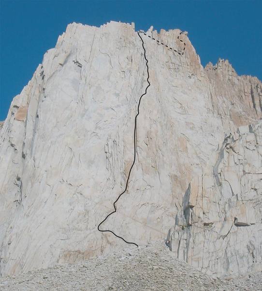 Red Dihedral follows the line - dashed line represents part of route behind the ridge.