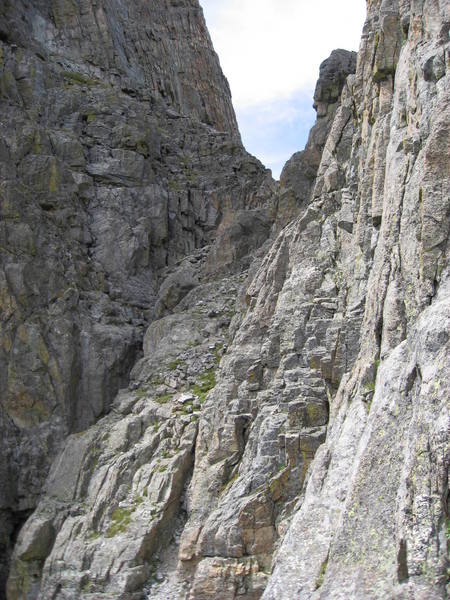 From notch between Saber and PG, looking at the easy walk to the notch between Saber and Sharkstooth. The Gash is just beyond there.