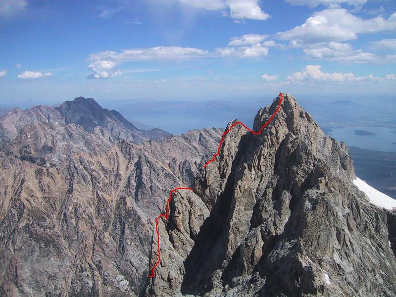 The Serendipity Arete from the north side of the Grand.  The third tower is just left of the big gap in the red line.