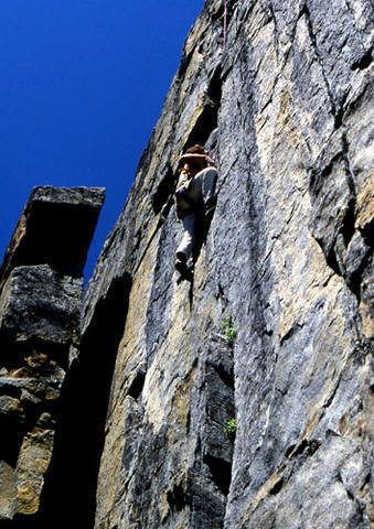 Andy Doehring on "Rip Off", 5.10a.<br>
Photo by Blitzo.