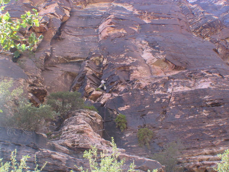 Me building an anchor in the cleft. I didn't pick the best way to get there.