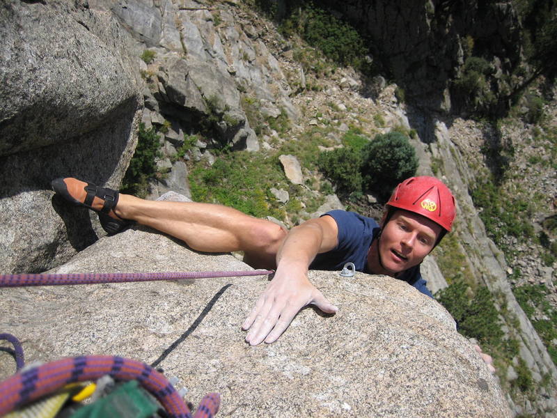 Dominik Kulakowski climbing the crux on "The Titleist".  Beta: that heel hook doesn't work so well.