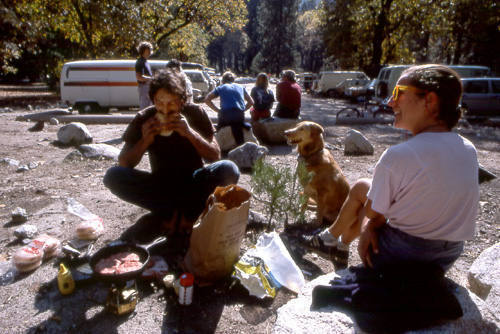 Burgers for breakfast. Camp 4 lot, 1985.<br>
Photo by Blitzo.