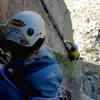 Manny on the 3rd pitch of Field Of Dreams, 5.10c/d, located on the prow of The Flatiron, Superstition Mtns, AZ.  Photo by Mark T.