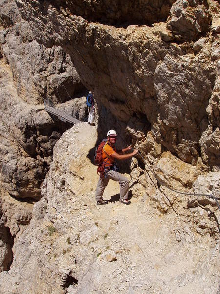 Descending from a Dolomite summit via Via Ferrata.