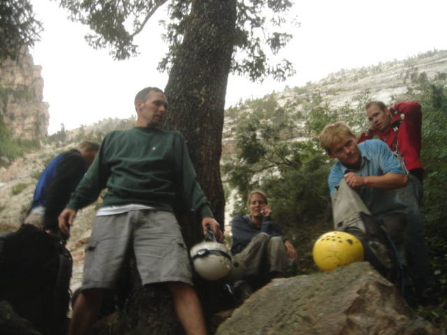 Getting out of the rain storm that hit us off guard on Mount Olympus.  Spring 2006