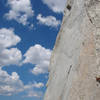 Climbers on Positive Vibrations as seen from the top of the Red Dihedral pitch.