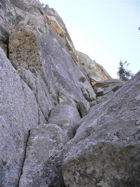 Looking upo the trough toward Piton Pooper (5.7+) and Pine Tree Ledge.