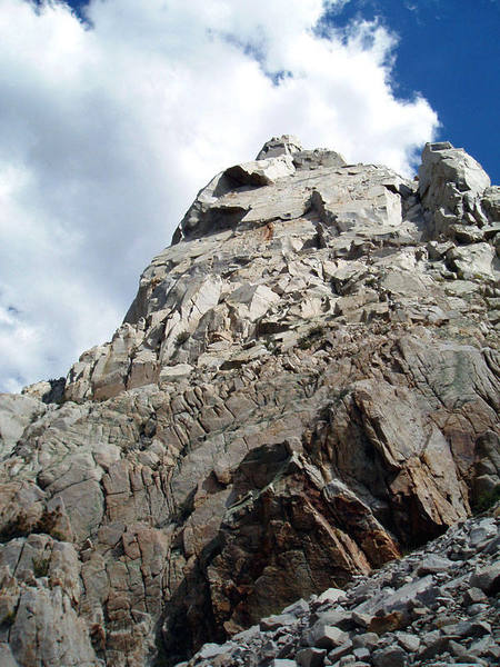 Looking up at Cardinal Pinnacle.  A proud crag.  Photo by Kia Ravanfar.