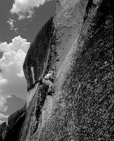 Mark Hudon climbing at Donner, 1979.<br>
Photo by Blitzo.