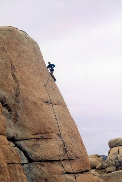 Near the end of the difficulties on The Decompensator of Lhasa (5.10c), Joshua Tree NP 