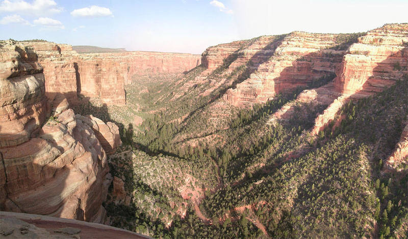 A panoramic shot from the summit of Texas Tower looking down Texas Canyon to it's junction with Arch Canyon.