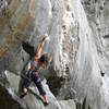 Kayte Knower making the clip at the start of the crux bulge. 