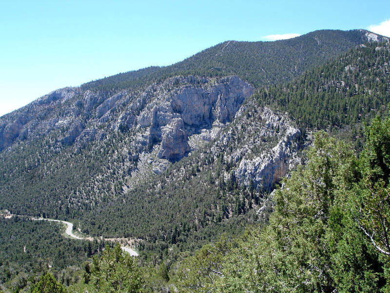 Mt. Charleston<br>
<br>
Looking down onto Highway 158; accessed via Highway 157 to Kyle Canyon, or Highway 156 to Lee Canyon.<br>
<br>
Hilltop campground, the North Loop trailhead, Deer Creek (free picnic area), and a popular climbing crag <br>
Robber's Roost are all off of Highway 158.<br>
