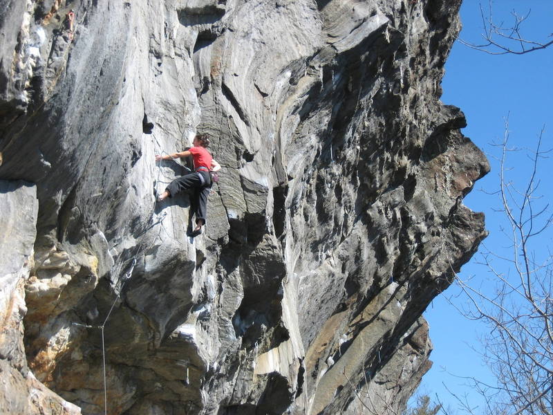 Past the bulge crux, Kayte Knower contemplates the stemming corner.