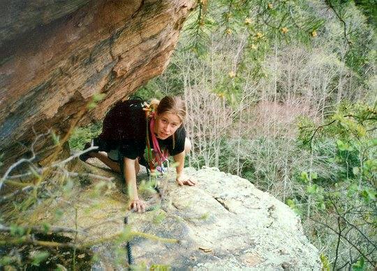 Mindy Huddelston on the exposed traverse of FoxFire, circa 1993