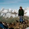 On the ridgeline of the Festigrat on the Dom in Switzerland on 5 Jul 03.  Matterhorn on the skyline to the left.