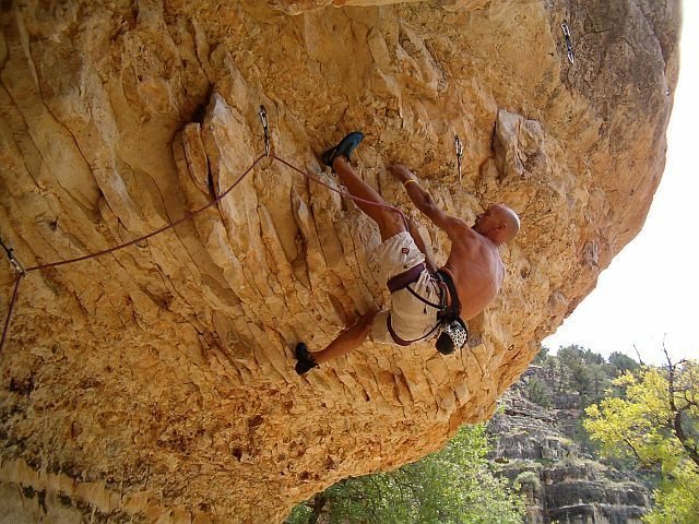 Bill railing through the lower moves of Limestone Cowgirl (5.12a), Jacks Canyon