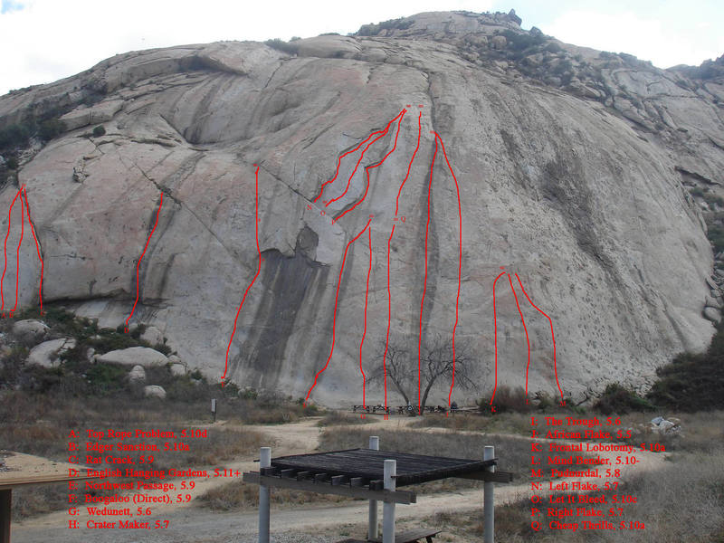 Selected routes at Big Rock with some but not all rap anchors shown (route locations are approximate).