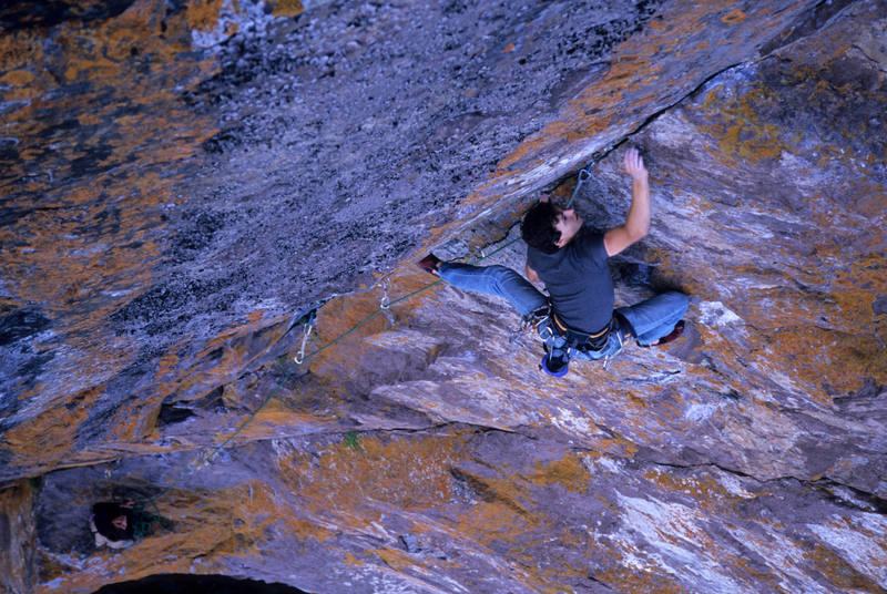 Therneau brothers on Poseidon Adventure. Joel at the crux section with Isaac belaying from the ledge.