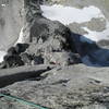 Looking down at the lower part of the Beckey-Chouinard from the top of pitch 11.