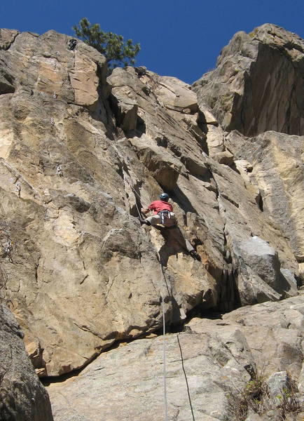 Ron Olsen traversing right to the good ledge.  Photo by Greg Hand.