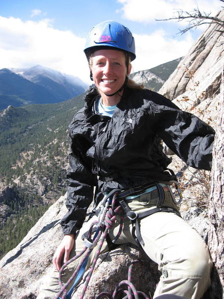 Tracy at the Pitch 3 tree belay. Many nice trees to belay at on this route.