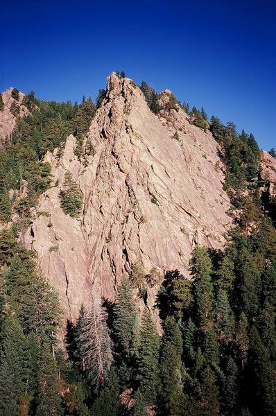 The obvious arete in the center of this photo, running a ridge to the summit of the Lost and Found Flatiron is the route "Alan Nelson's Bulging Belly." (5.10, X)