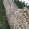 This rock is the last pitch (full length pitch).  The route runs right along the left hand side of the exposed ridge.