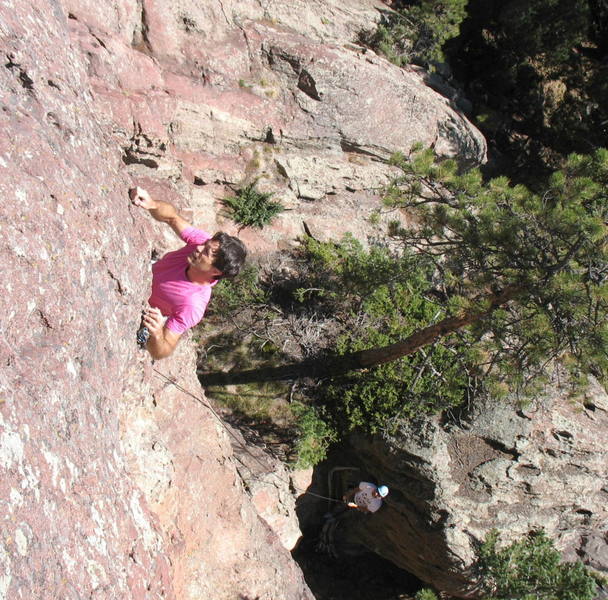 Got Milk? How about forearm pump? Tony leads "Alan Nelson's Bulging Belly" (5.10, X) on the Lost and Found Flatiron. Belayer is Mark Ruocco. Photo by Bill Wright, 10/06.