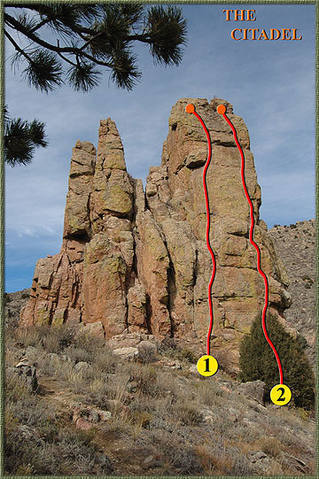 The Citadel at The Palace. Route 1 is Rapunzel, Rapunzel (10a).  Route 2 is Let Down Your Hair (10b). Each route has well placed rap chains at top.  A 50 Meter rope will do.