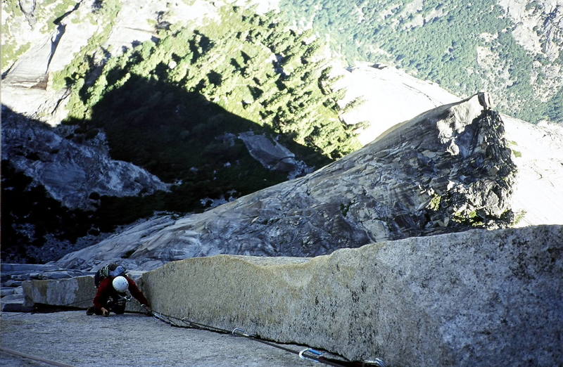 The wife unit cleaning a pitch above Big Sandy ledge, Regular NW face of Halfdome 2000.