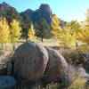 Twin Owls and autumn gold, Lumpy Ridge, Colorado.