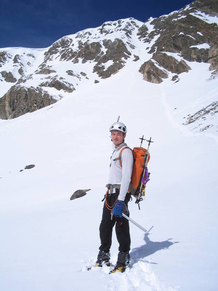 Kurt Johnson pointing to the scene of the crime, Dead Dog Couloir, Torrey's Peak.