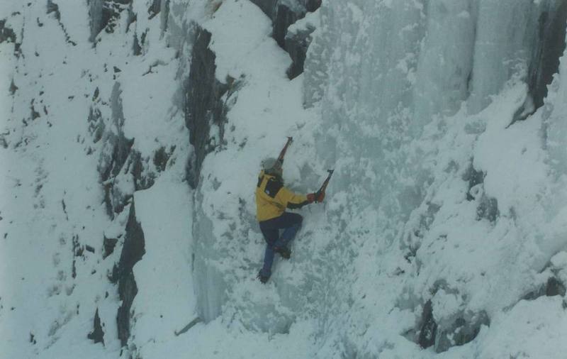 Ice Bouldering the first pitch of Stairway to Haven 12/1992.  Photo by Shawn Kenney.