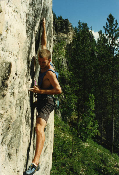 Me pulling into the mono crux of Big Train. The holds are really small here....